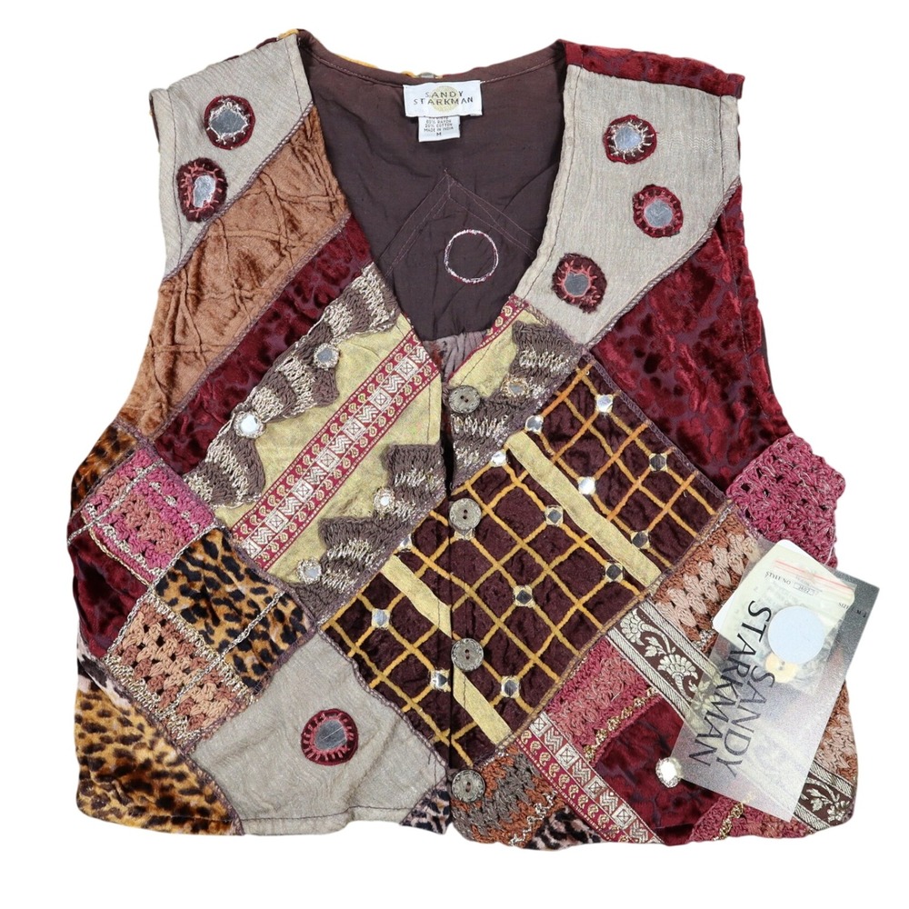 Sandy Starkman Patchwork Vest Womens M Vintage 90s Velvet Mirror Embellished New